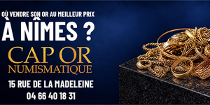 Cap Or Numismatique Nîmes : visuel présentant des bijoux en or, bagues et chaînes, pour le rachat d'or au 15 rue de la Madeleine.